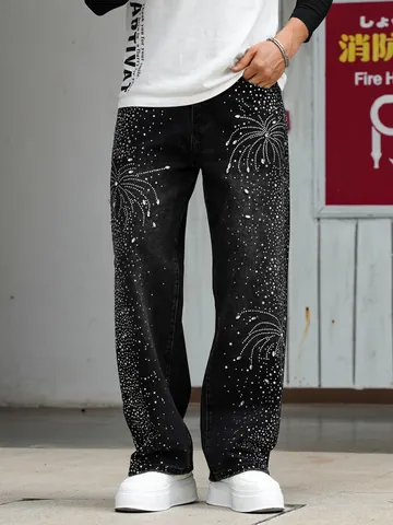 Men's Loose Straight Leg Jeans With Firework Rhinestone And Bead Sparkling Hip Hop Streetwear Washed Cotton Denim Pants