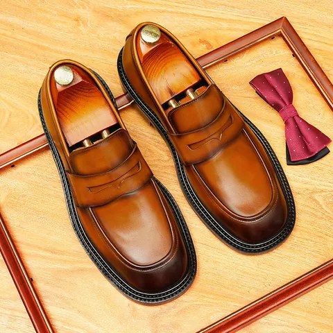 Heren Britse Vintage Echt Leren Loafers Ronde Neus Zakelijk Casual Formele Slip-on Schoenen Voor Kantoor