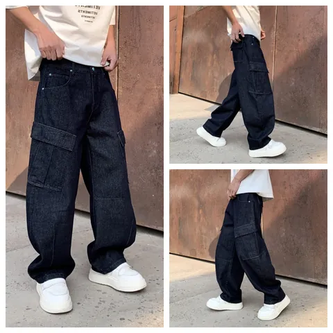 Men American Streetwear Deep Blue Washed Cargo Jeans Loose Straight Leg Denim Pants Multi Pocket Hip Hop Trousers
