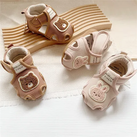 Morino Rinkle Cartoon Baby Quietschende Sandalen Kleinkind Lauflernschuhe Atmungsaktive Leinwand Sommer Bär Hase Design