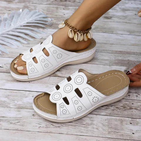 Women Casual Wedge Sandals Head Layer Cowhide Leather Laser Cut Hollow Out Platform Summer Beach Slides Comfort Plus Size