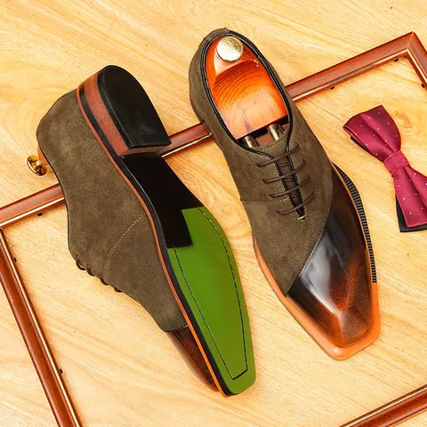 Men's Vintage Spliced Cowhide Leather Oxford Shoes British Style Rubbed Color Business Casual Lace-up Dress Formal Footwear