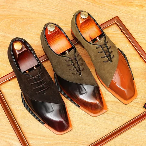 Men's Vintage Spliced Cowhide Leather Oxford Shoes British Style Rubbed Color Business Casual Lace-up Dress Formal Footwear