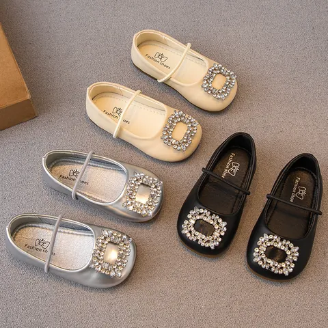 Girls Princess Leather Shoes Square Rhinestone Buckle Soft Sole Slip-On Mary Jane Flats For Wedding Party Kids Dress Shoes