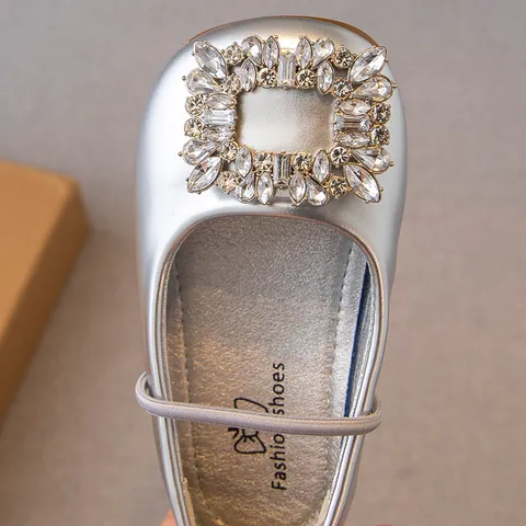 Girls Princess Leather Shoes Square Rhinestone Buckle Soft Sole Slip-On Mary Jane Flats For Wedding Party Kids Dress Shoes