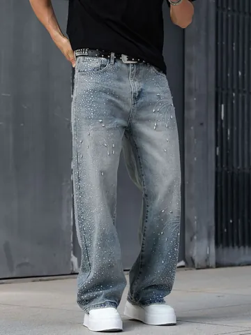 Jeans Hip-Hop da Uomo Taglio Dritto Largo Streetwear Pantaloni in Denim Lavato con Motivo Geometrico Scintillante