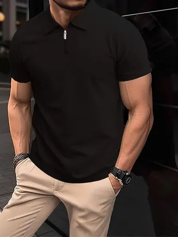 Men Knit Polo Shirt Summer Short Sleeve Half Zipper Slim Fit Solid Color Knitted Sporty Casual Polo T-Shirt Tops