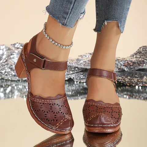 Women Vintage Hollow Out Closed Toe Sandals Chunky High Heels Buckle Strap Roman Style PU Leather Retro Summer Shoes