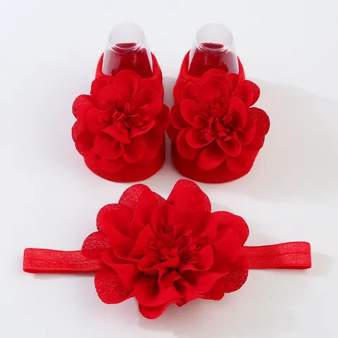 Set de Calcetines y Diadema para Bebé Niña Flores de Gasa 3D Calcetines Antideslizantes de Algodón para Recién Nacido