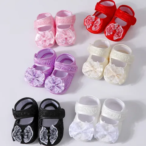 Chaussures de Premier Pas pour Bébé Filles Princesse Dentelle Nœud Semelle Souple Toile Antidérapante Chaussures Nouveau-Né