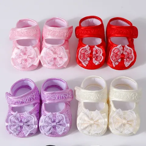 Chaussures de Premier Pas pour Bébé Filles Princesse Dentelle Nœud Semelle Souple Toile Antidérapante Chaussures Nouveau-Né