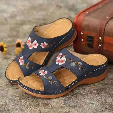 Women Vintage Flower Embroidery Wedge Sandals Casual Cutout PU Leather Summer Platform Mules Slip On Retro Ladies Slippers