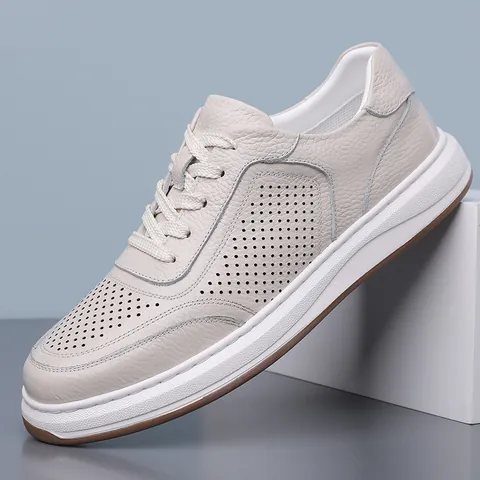 Zapatos Casuales de Cuero de Vaca de Primera Capa para Hombre Verano Transpirable Calado Zapatos de Cuero Blanco Suela de Goma Sneakers
