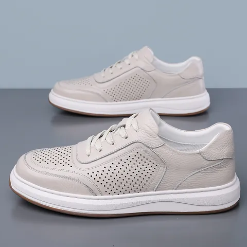 Zapatos Casuales de Cuero de Vaca de Primera Capa para Hombre Verano Transpirable Calado Zapatos de Cuero Blanco Suela de Goma Sneakers