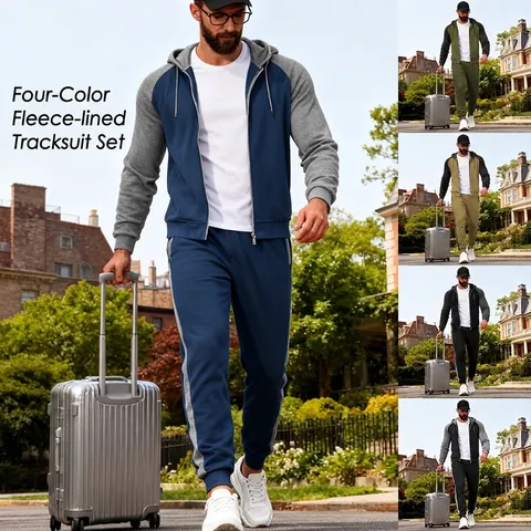 Ensemble Haut Et Bas Décontracté pour Hommes Doublé de Molleton Bloc de Couleur Manches Raglan Sweat à Capuche Zippé et Pantalon de Jogging