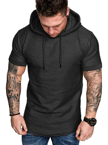 T-Shirt à Capuche en Polyester Slub pour Homme Été Coupe Ajustée Manches Courtes Haut Pullover pour Sport de Plein Air