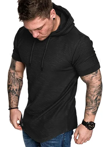 T-Shirt à Capuche en Polyester Slub pour Homme Été Coupe Ajustée Manches Courtes Haut Pullover pour Sport de Plein Air