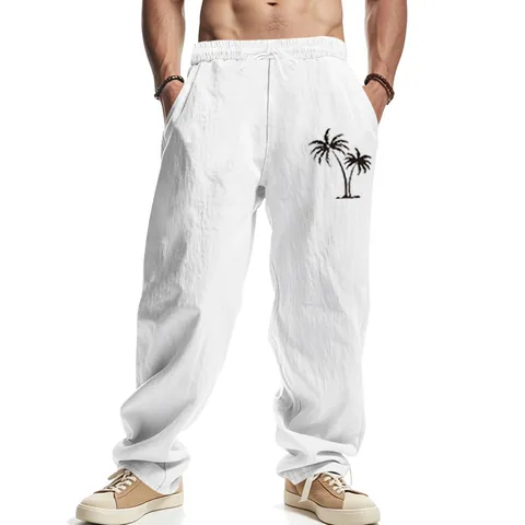 Men's Casual Linen Blend Loose Pants Hawaiian Beach Coconut Tree Print Breathable Wide Leg Summer Trousers