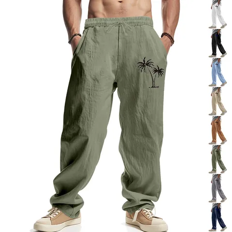 Men's Casual Linen Blend Loose Pants Hawaiian Beach Coconut Tree Print Breathable Wide Leg Summer Trousers