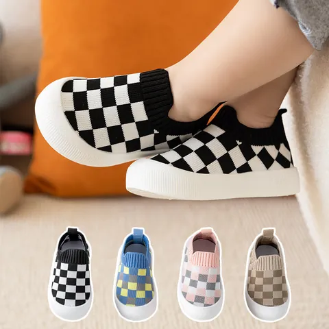 Baby Checkerboard Knit Walking Shoes Non-Slip Soft Sole Toddler First Walker Shoes For Boys Girls Casual Infant Sneakers