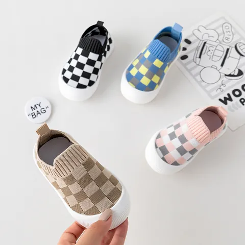 Baby Checkerboard Knit Walking Shoes Non-Slip Soft Sole Toddler First Walker Shoes For Boys Girls Casual Infant Sneakers