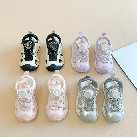Kids Closed Toe Sandals Summer Boys Girls Breathable Mesh Microfiber Leather Rotating Buckle Non-Slip Outdoor Roman Casual Shoes
