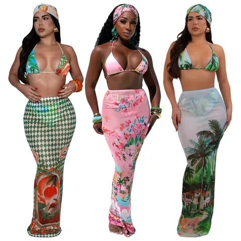 Traje de Baño Sexy para Mujer con Estampado Tropical y Falda Larga de Malla Estilo Resort