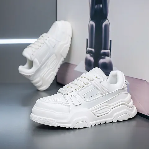 Men's Chunky Sneakers Cowhide Thick Sole Breathable Casual White Shoes For Men Fashion Trend Low Top Board Shoes