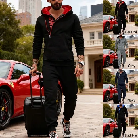 Men's Casual Polyester Fleece Tracksuit Hooded Side Zipper Sweatshirt Top And Bottom Sporty Urban Warm Jogging Set For Winter