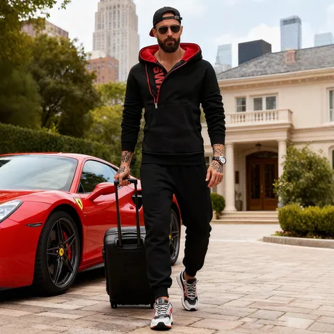 Men's Casual Polyester Fleece Tracksuit Hooded Side Zipper Sweatshirt Top And Bottom Sporty Urban Warm Jogging Set For Winter