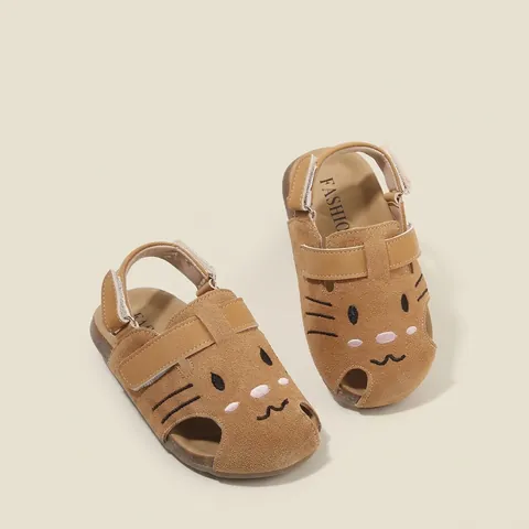 Cartoon Cat Suede Toddler Shoes Closed Toe Summer Sandals For Boys Girls Anti Slip Soft Sole Infant First Walkers