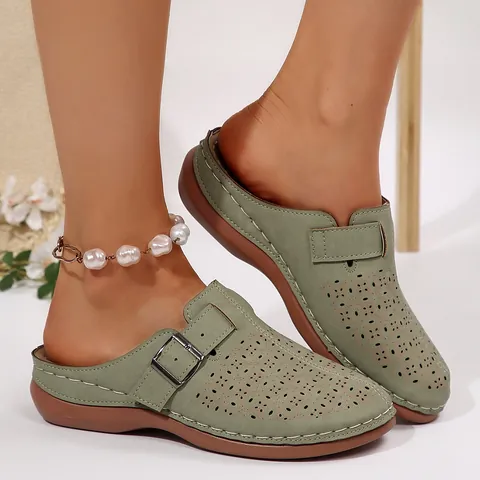 Zoccoli Retro da Donna con Plateau Mules Sandali Floreali Intagliati a Laser Con Fibbia Regolabile Scarpe Casual Senza Lacci Suola Spessa