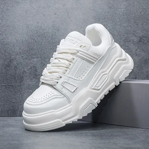 Men's Chunky Sneakers Cowhide Thick Sole Breathable Casual White Shoes For Men Fashion Trend Low Top Board Shoes