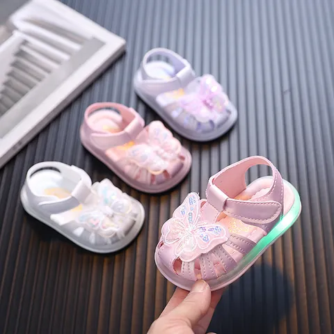 Kleinkind Baby Mädchen Led Leuchtende Sandalen Prinzessin Schleife Schmetterling Pailletten Weiche Sohle Sommer Walkingschuhe