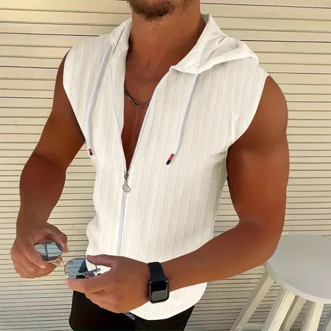 Men's Summer Casual Hooded Sleeveless Cardigan Top Polyester Jacquard Zip Up Vest Sporty Minimalist Thin Hoodie For Daily