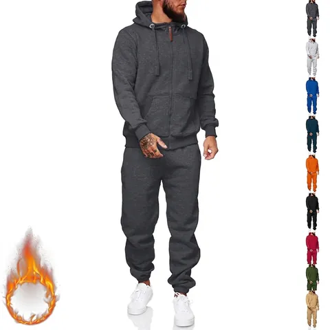 Men's Fleece Lined Hooded Zipper Sweatshirt And Pants Tracksuit Casual Sportswear Top And Bottom For Winter