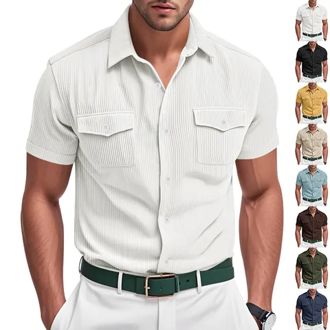 American Vintage Men Short Sleeve Cargo Shirt Heavy Corduroy Casual Loose Top Summer Solid Color Double Pocket Men Shirt