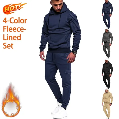 Men's Tracksuit Set Pleated Raglan Sleeve Hoodie And Cargo Sweatpants Two-Piece Fleece Outfits Winter Pullover Sportswear