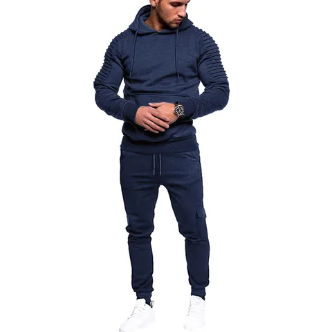 Men's Tracksuit Set Pleated Raglan Sleeve Hoodie And Cargo Sweatpants Two-Piece Fleece Outfits Winter Pullover Sportswear