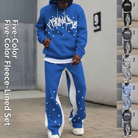 Survêtement Homme en Polaire à Capuche et Pantalon Imprimé Étoiles Haut Et Bas Streetwear Décontracté Sport de Plein Air