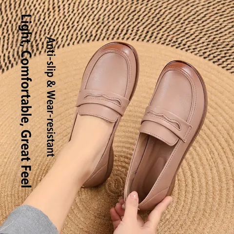 Women Microfiber Leather Flat Shoes Comfortable Non-slip Round Toe Slip-on Loafers For Middle-aged Women Daily Casual Single Shoes