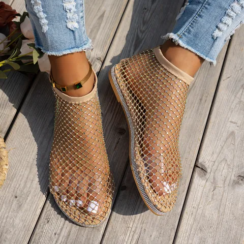 Sandali a Tronchetto Piatti in Rete con Strass da Donna Punta Arrotondata Traforati Stile Romano Sexy Estate