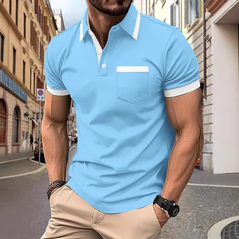 Men Casual Short Sleeve Polo Shirt With Contrast Trim And Pocket Patchwork Polyester Summer Sport Top