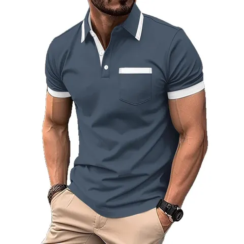 Men Casual Short Sleeve Polo Shirt With Contrast Trim And Pocket Patchwork Polyester Summer Sport Top