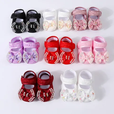 Infant Baby Girls Prewalker Shoes Headband Set Mesh Lace Satin Bowknot Artificial Pearl Rhinestone Soft Sole Gift