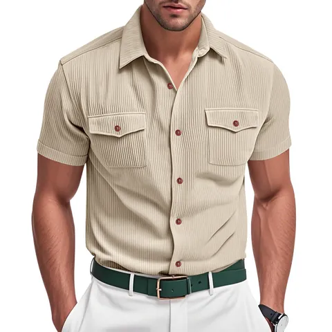 Men's American Vintage Corduroy Short Sleeve Shirt Heavyweight Loose Casual Workwear Button Up Top For Summer