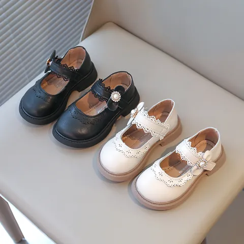 Girls Princess Mary Jane Shoes PU Leather Lace Hollow Pearl Flower Decor Children Spring Dress Shoes Rubber Sole