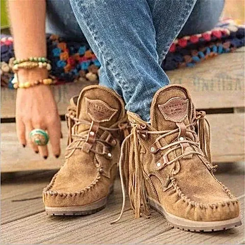 Women Western Cowboy Tassel Ankle Boots Bohemian Fringed Suede Patent Leather Shoes Round Toe Chelsea Booties For Daily Wear