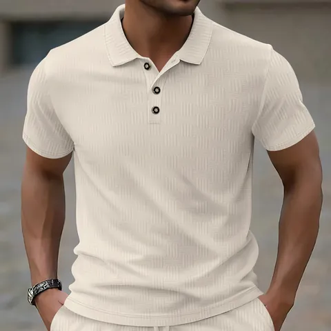 Casual Men Short Sleeve Polo Shirt Heavyweight Jacquard Fabric Turn-down Collar Solid Color Fashion Men Top For Summer Daily