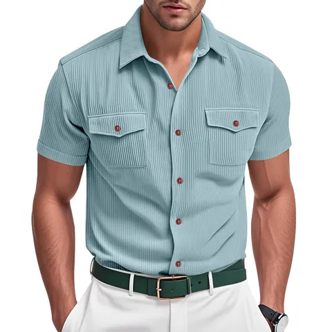 American Vintage Men Short Sleeve Cargo Shirt Heavy Corduroy Casual Loose Top Summer Solid Color Double Pocket Men Shirt
